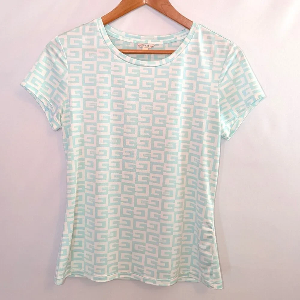 Guess | Slinky Short Sleeve G Checker Logo Top White & Pastel Turquoise | Medium